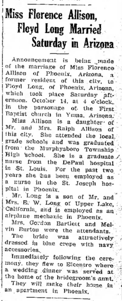 Florence's Wedding
Daily Independent
Murphysboro, IL
18 Oct 1939, p 1