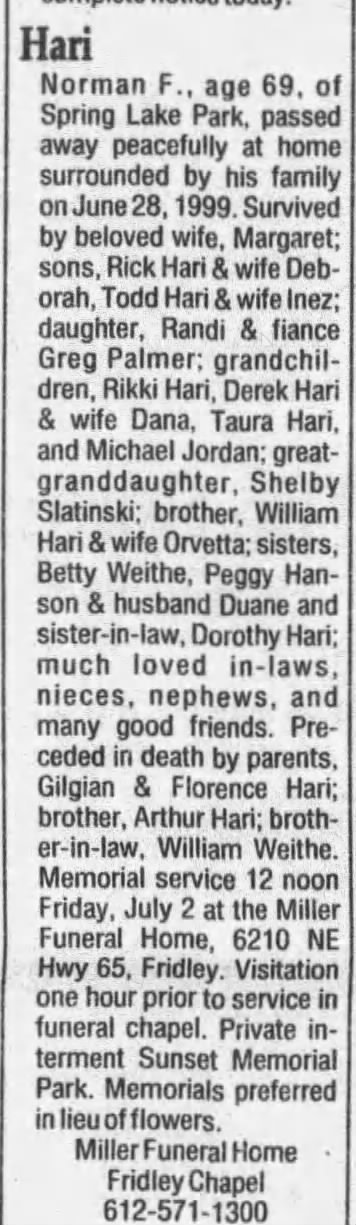 Norman Hari, obituary, 1999