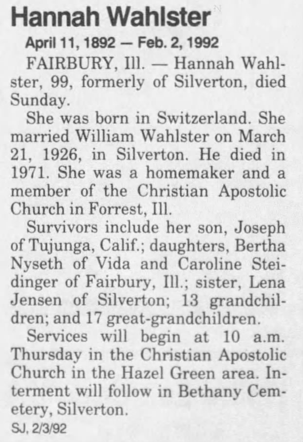 Hannah Trachsel Wahlster, Oregon obituary, 1992