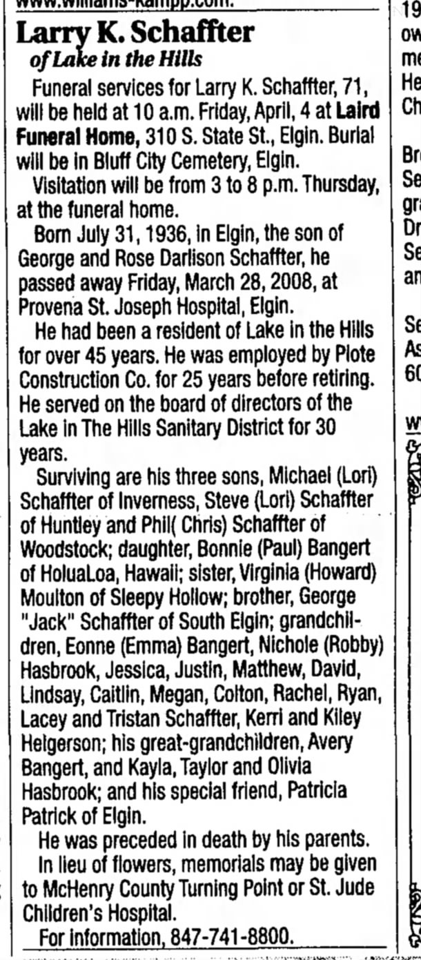 Larry K Schaffter obituary 2008