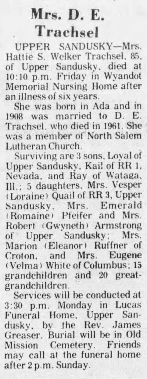 Hattie Welker Trachsel, Obituary, 1976