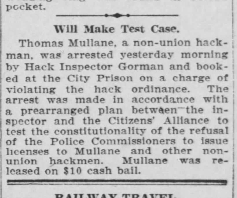 Thomas Mullane non-union hackman arrest 1904 (related?)