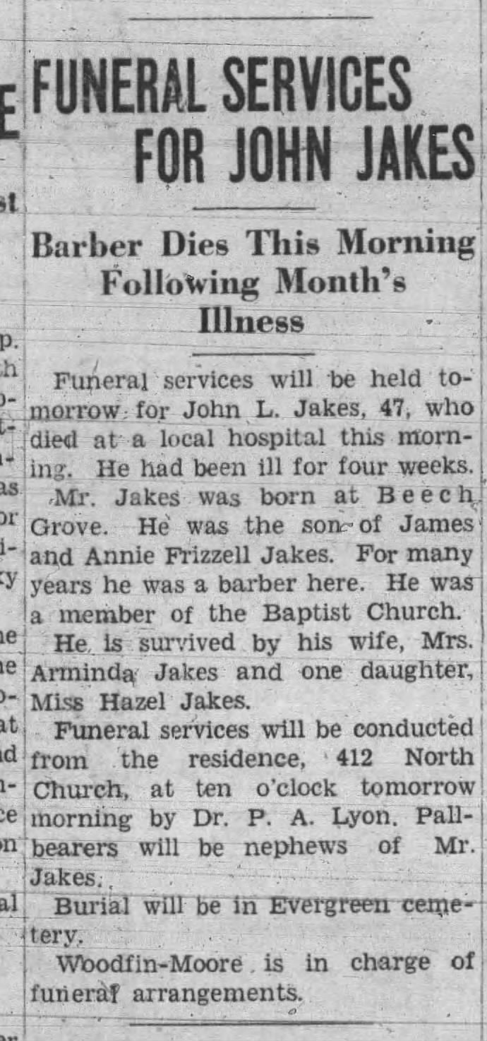 Obit of John L Jakes Son of James and Annie Frizzell Jakes