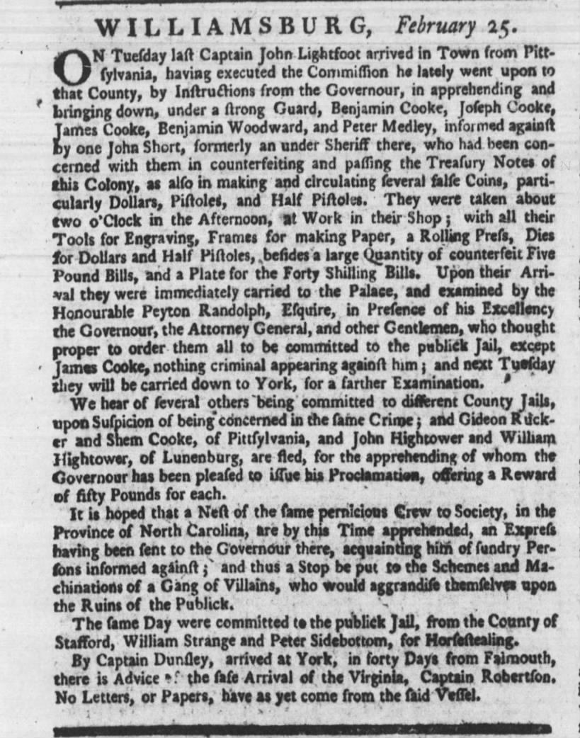 Williamsburg Feb 25 1773-- Capt John Lightfoot sent to apprehend counterfeiting suspects