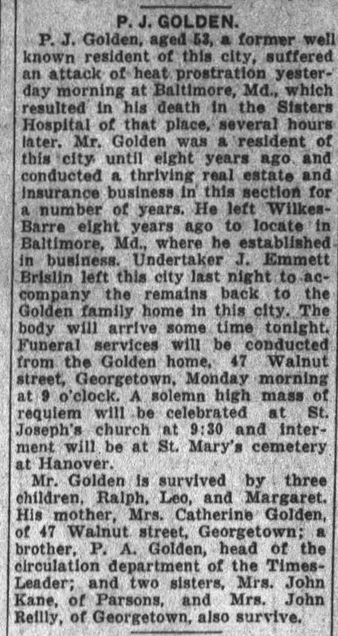 Patrick Golden Obituary 1925