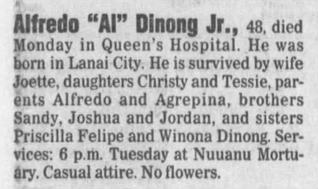 Alfredo Dinong Jr Death Announcement 1999