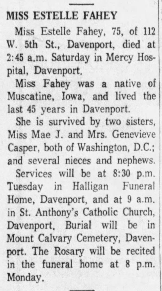 Estelle Fahey Obituary 1959
