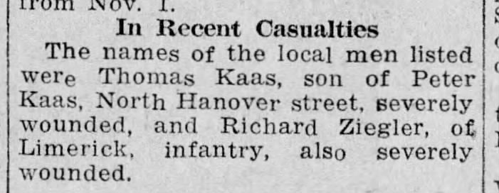 Thomas Kaas reinjuried Co B 8 MG BN Dec 1918