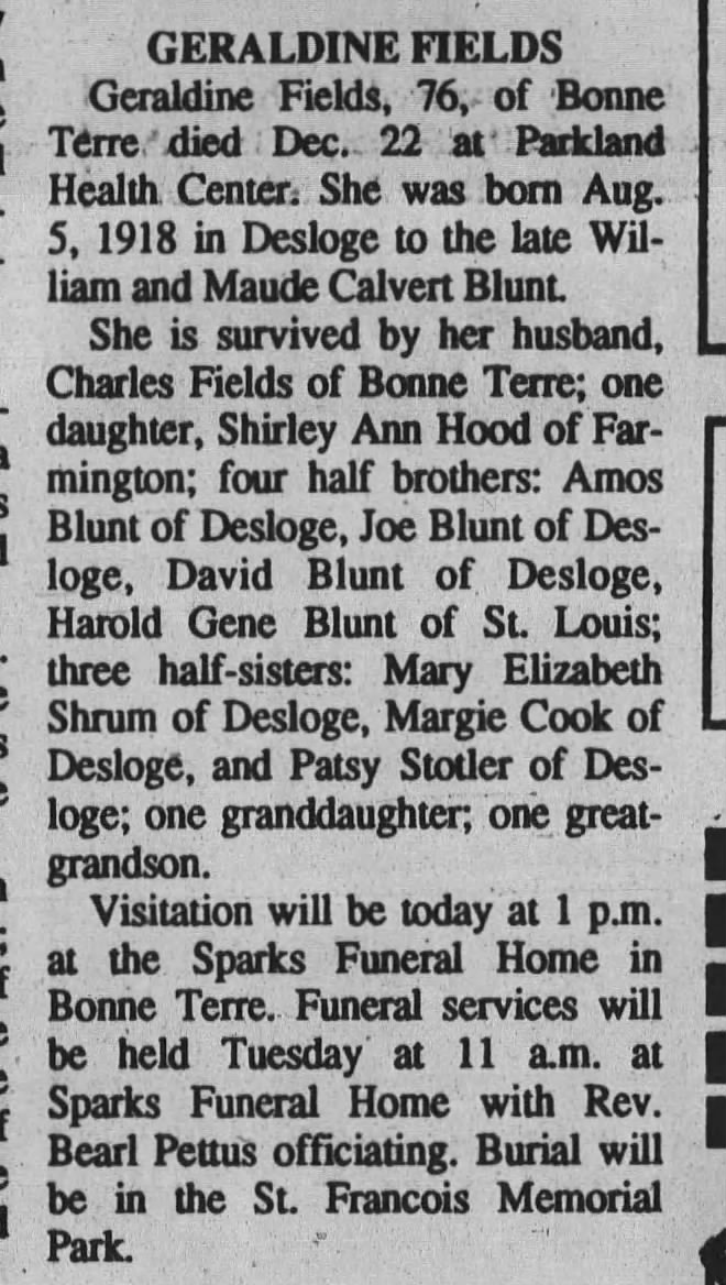 Obituary for GERALDINE FIELDS (Aged 76)
