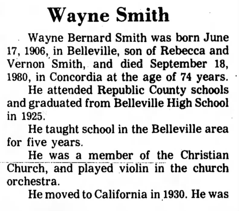Obituary for Wayne Bernard Smith, 1906-1980 (Aged 74)