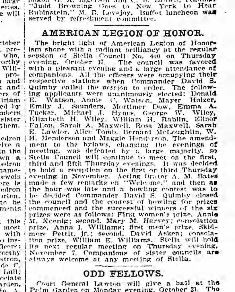 American Legion of honor - Stella council Oct, 1901