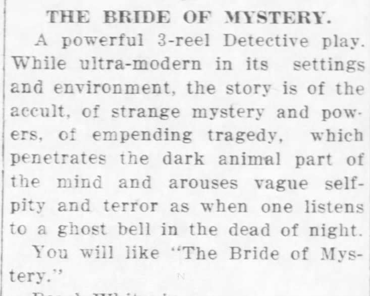 The Bride of Mystery, 1914