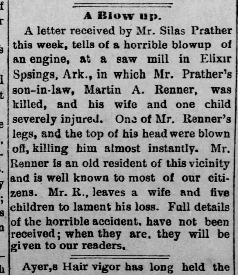 Accident kills M A Renner - Altamont Sentinel Altamont, KS Wed Jul 17, 1889