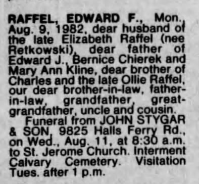 Edward F Raffel Obits, St. Louis Post-Dispatch, 10-Aug-1982