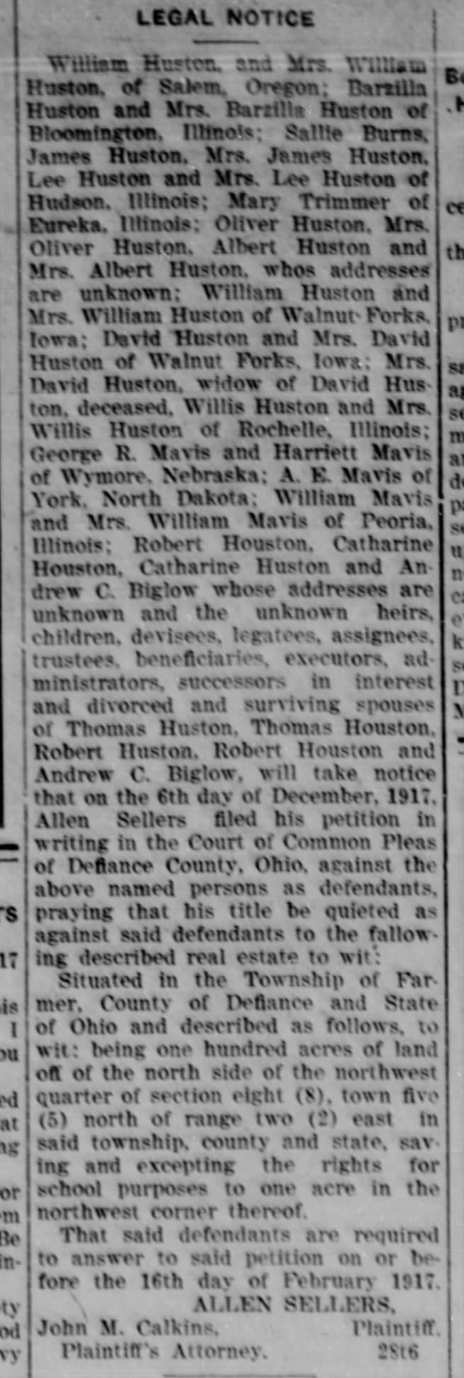 The Tribune -- Hicksville, Ohio, 13 December 1917, mention of George and Harriette Mavis