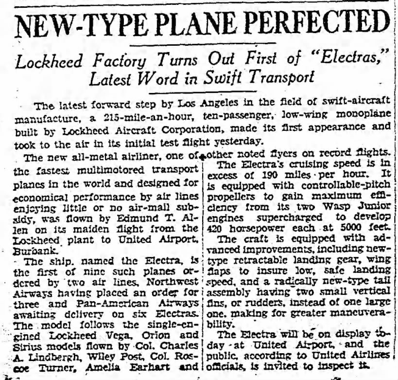 Electra "initial test flight yesterday... from the Lockheed plant to United Airport, Burbank."