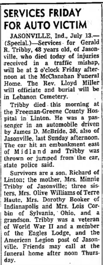 The Terre Haute Star 14 Jul 1960 - Gerald R Tribby death notice.