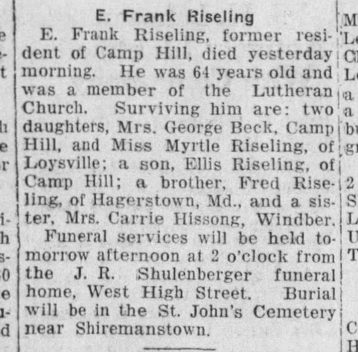 Espy Franklin Riseling, Carlisle PA Sentinel, March 23, 1936