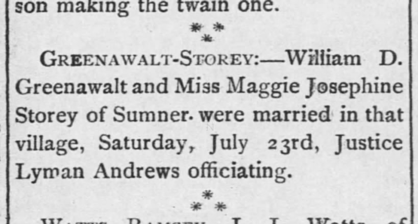 William D Greenawalt marries Miss Maggie Josephine Storey