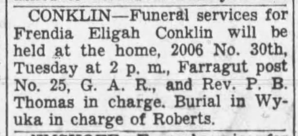 Funeral Notice:  Eligah Frendia Conklin