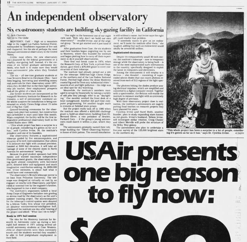 The Boston Globe - January 17, 1983 - Monterey Institute for Research in Astronomy