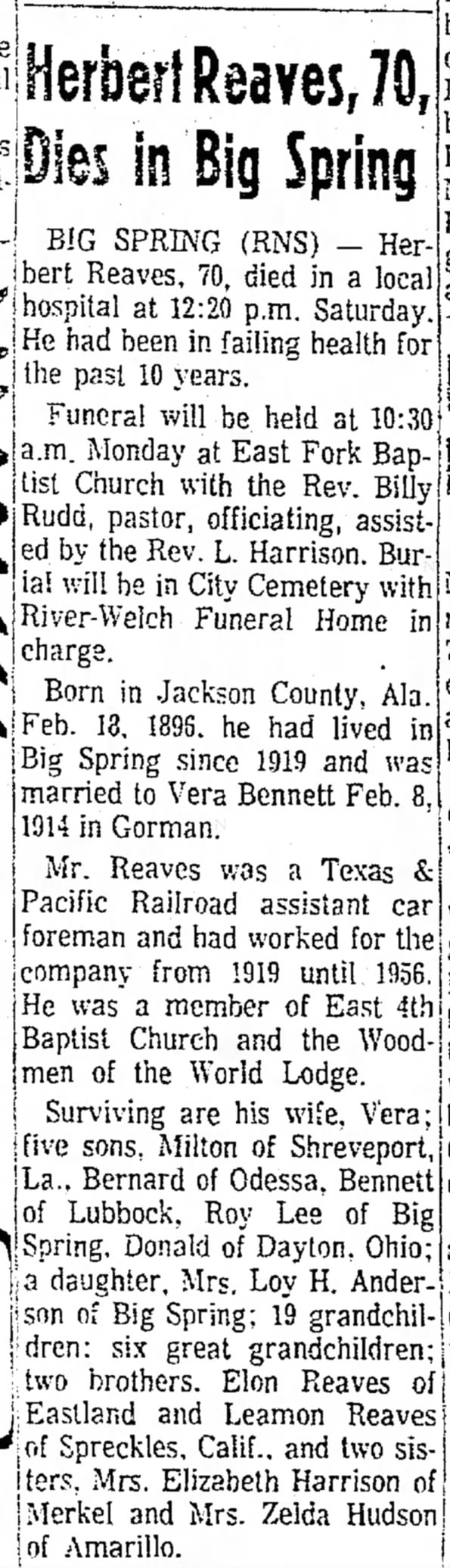 Herbert Reaves Obituary 1966