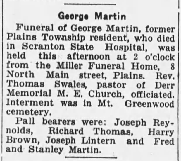 George Martin
Funeral Announcement
Wilkes-Barre Times Leader, Evening News  PA  23Sep1936  Pg29