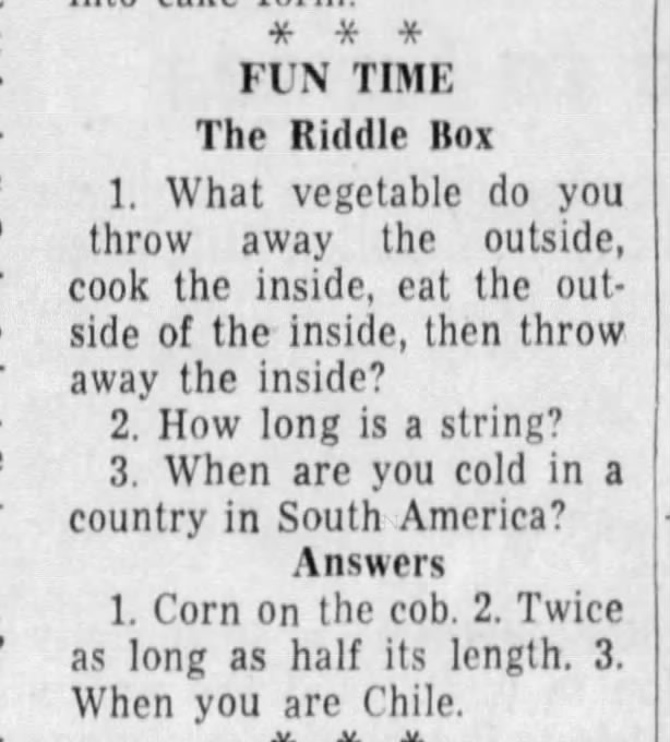 "Throw away the outside, cook the inside" corn riddle (1958).