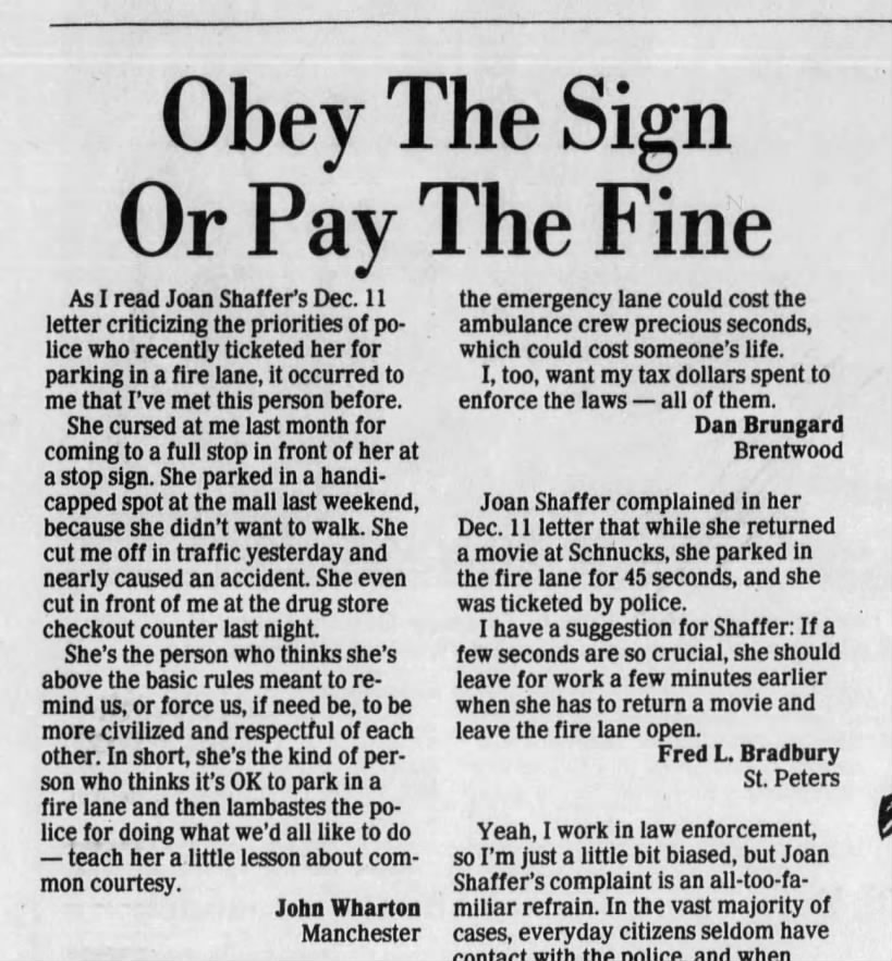 "Obey the sign or pay the fine" (1991).