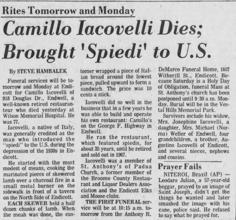 Binghamton's "spiedi" or "spiedie" inventor dies (1973).
