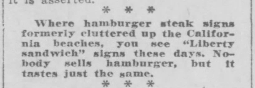 "Liberty sandwich," or hamburger (1919).