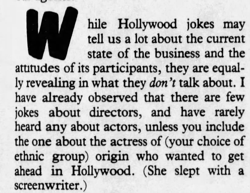 "Starlet so dumb, she slept with the screenwriter" (1986).
