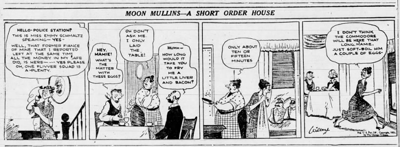 "What's the matter with these eggs?" "Don't ask me. I only laid the table!" (1931).