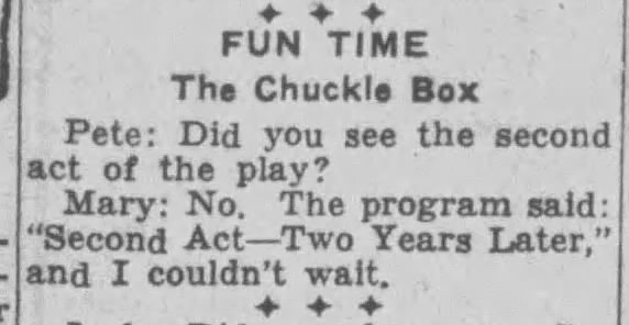 "Second Act, two years later" theater joke (1962).