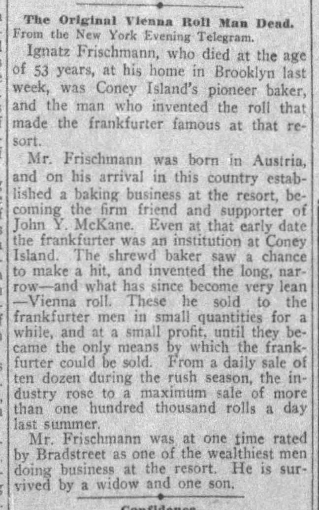 Ignatz Frischmann, original Vienna roll man for frankfurters (1904).