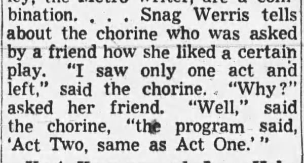 "Act Two, same as Act One" theater joke (1945).