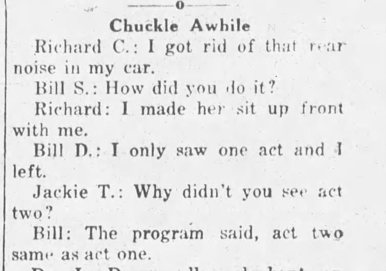 "Why didn't you see Act II?" theater joke (1944).