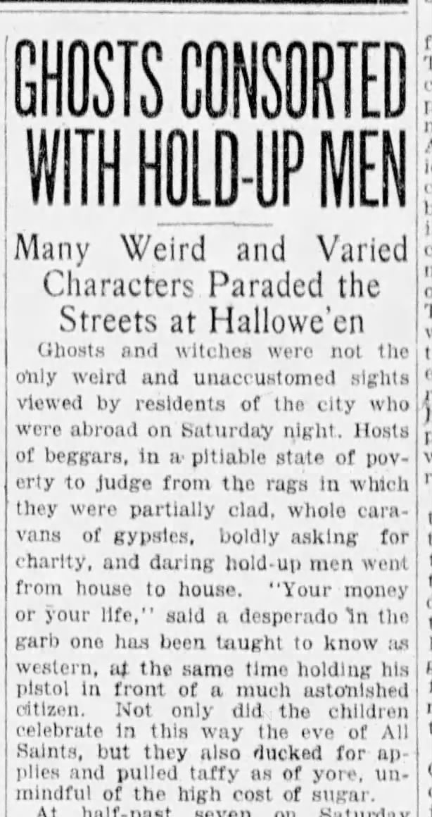 "Charity, please," alternative to "trick or treat" (1920).