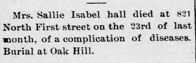 Sallie Isabel Hall Atchison Daily Champion 3-Mar-1905