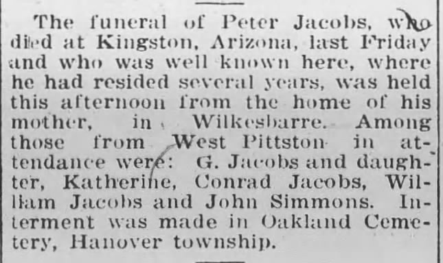 Peter Jacobs funeral announcement 1911