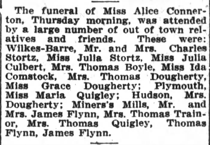 Funeral of Miss Alice Connerton recorded in Pittston Dept. of W-BR