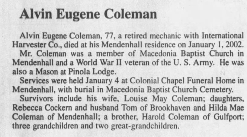 Coleman, Alvin Eugene - Obituary