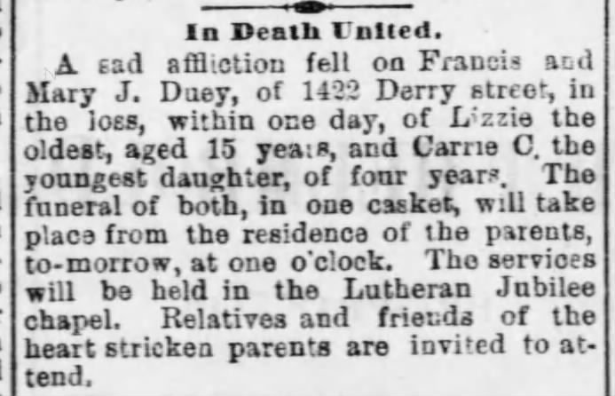 Death notice for Elizabeth E. and Carrie C. Duey