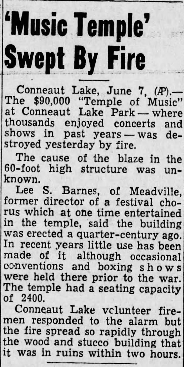Harrisburg Telegraph 6/7/1946 Temple Music Fire