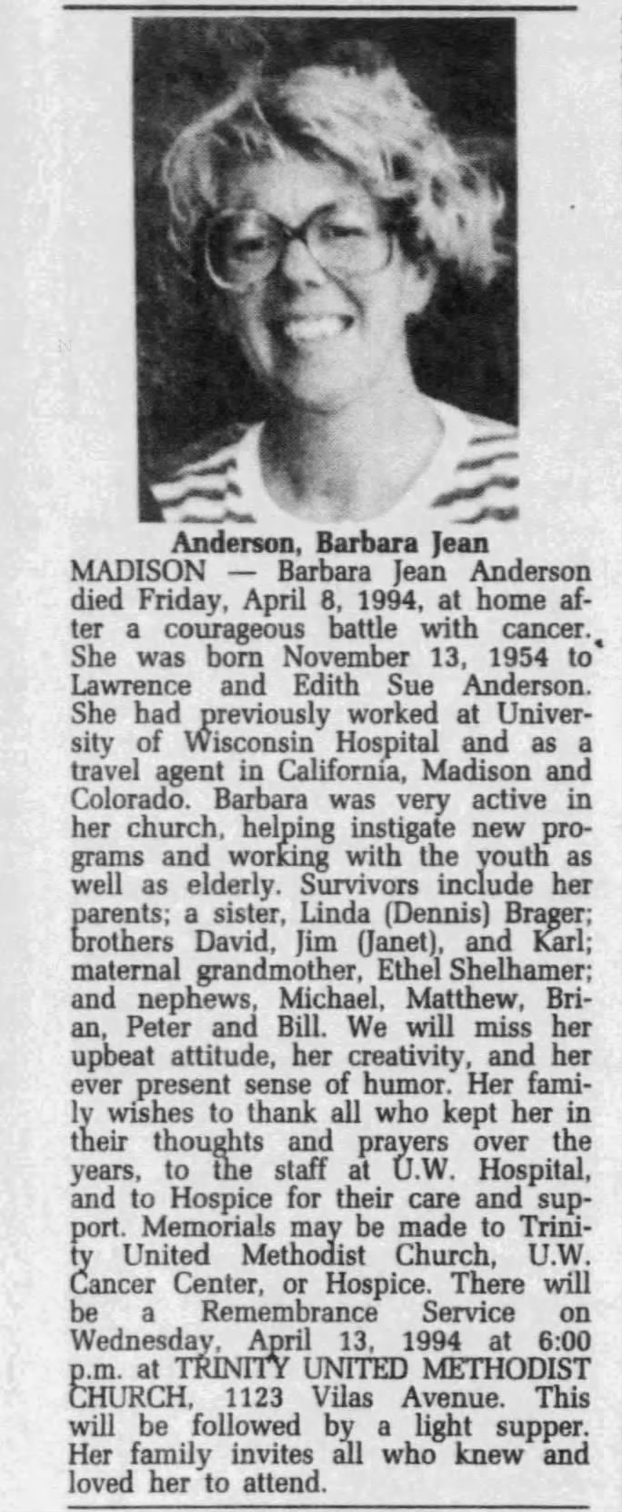 Obituary for Barbara Jean Anderson, 1954-1994