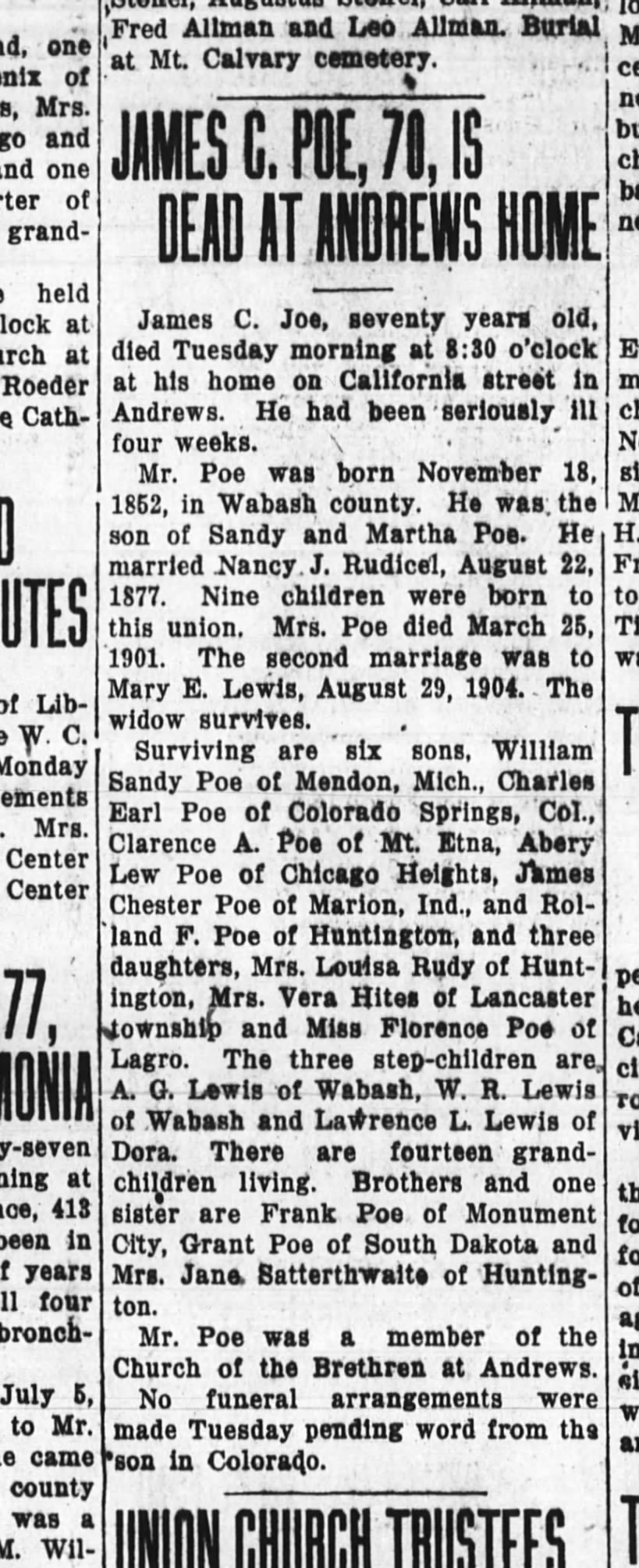 James C. Poe Obituary
The Huntington Herald, Huntington, Indiana
30 January 1923