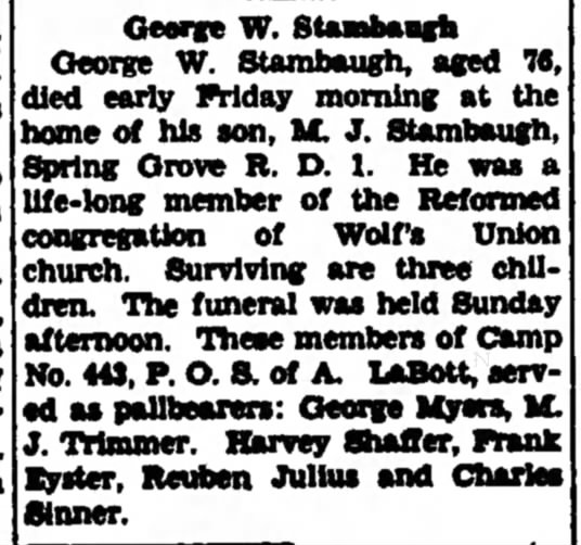 George W Stambaugh death-Apr 1942