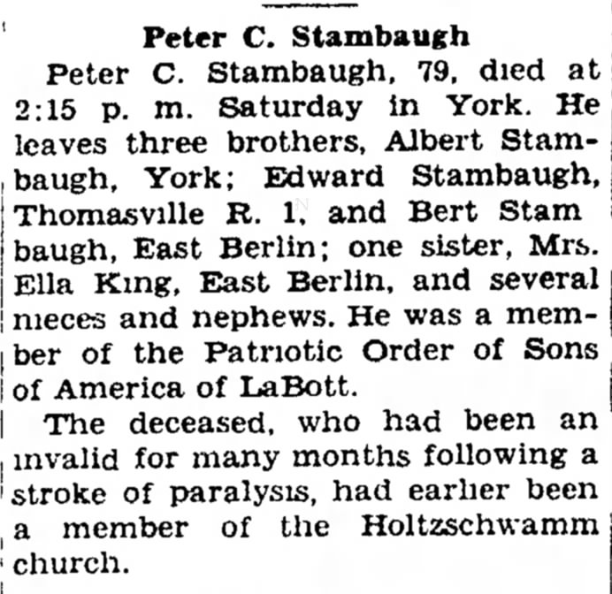 Peter C Stambaugh obit-Oct 1948