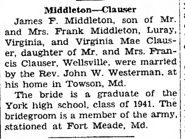 James F. Middleton and Virginia Mae Clauser wedding