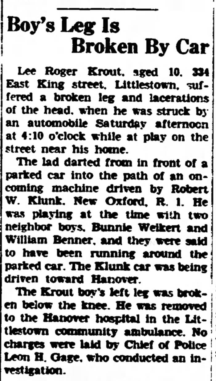 Lee Roger Krout Leg Broken by Car-Mar 1947